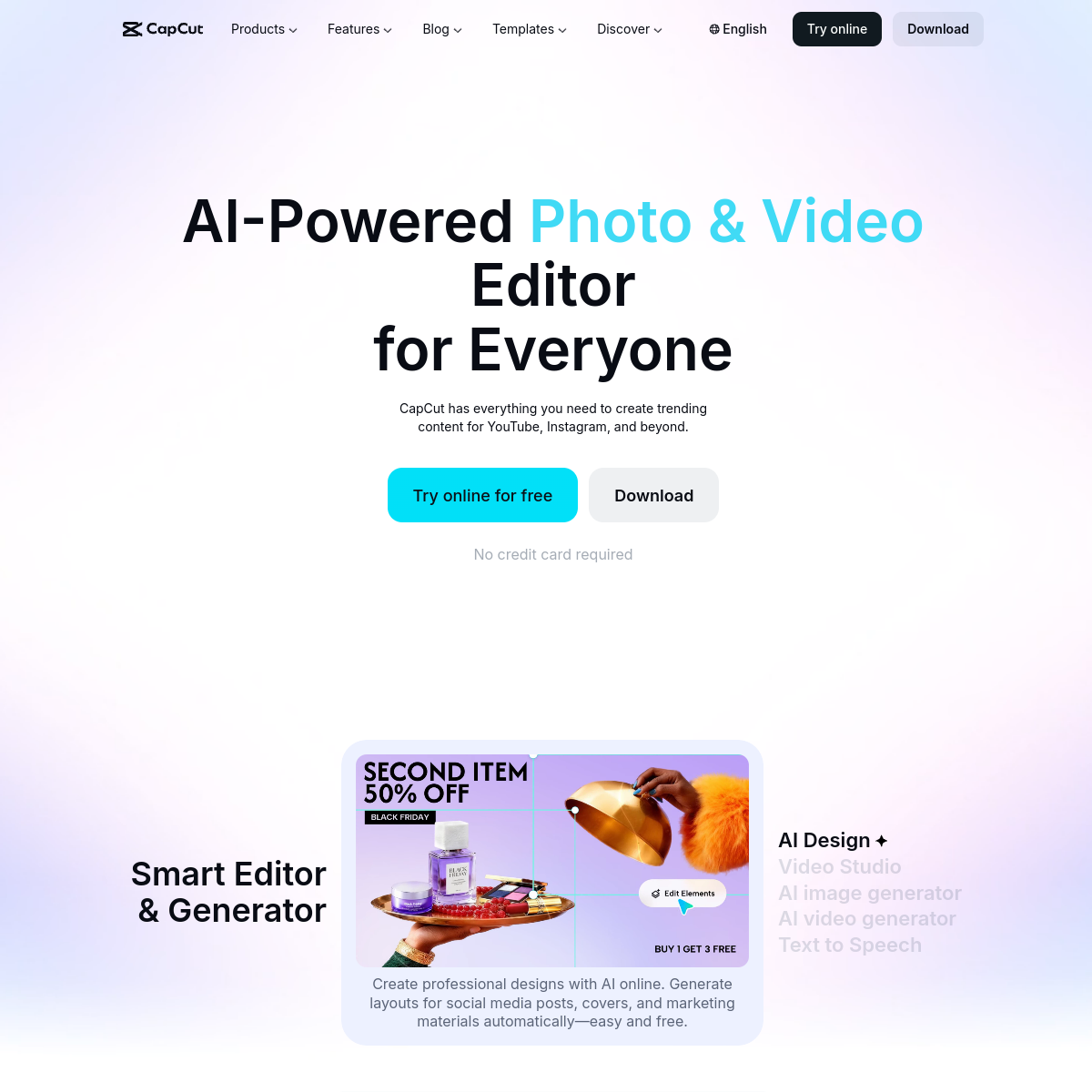 Page d'accueil capcut.com — éditeur photo et vidéo optimisé par l'IA
