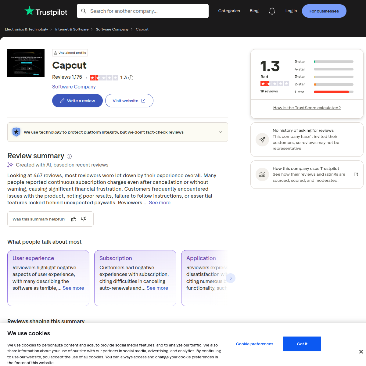 Fiche Trustpilot de CapCut — note 1,3/5 sur 1 175 avis