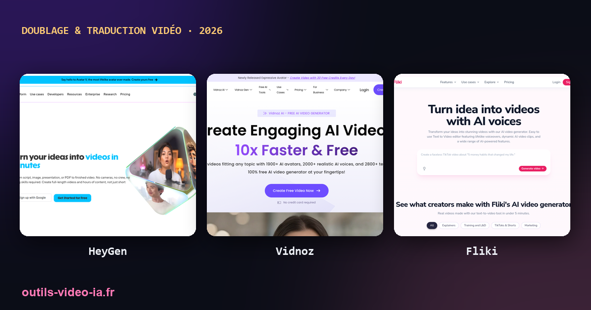 Outils de doublage et traduction vidéo IA : HeyGen, Vidnoz, Fliki