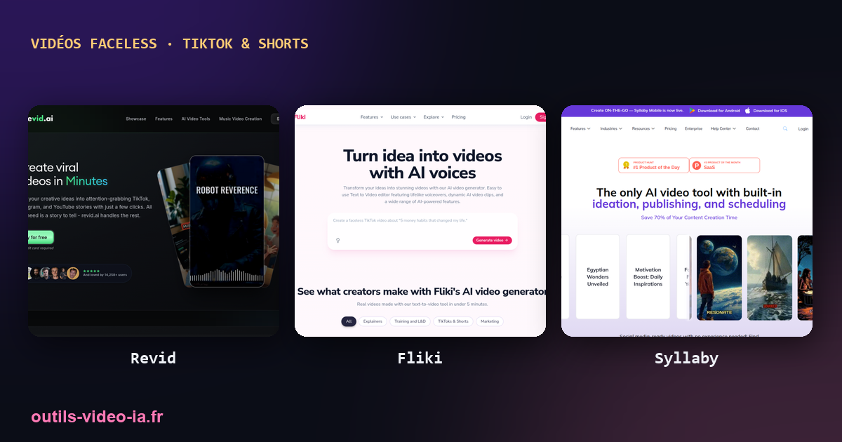 Outils de vidéos faceless : Revid, Fliki et Syllaby