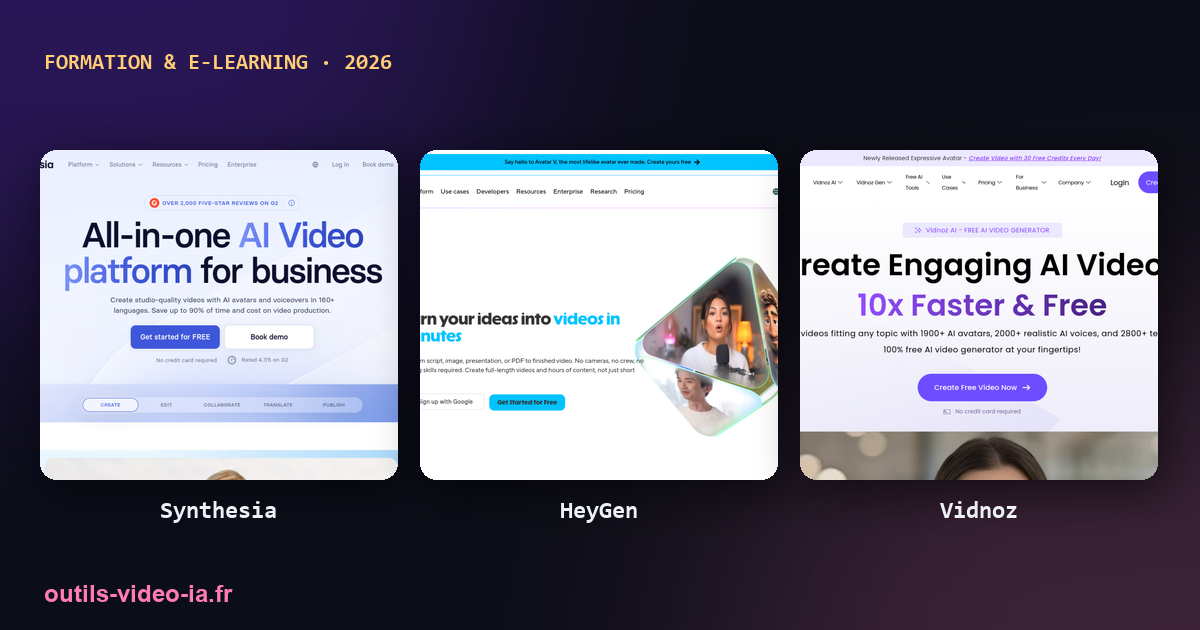 Outils vidéo IA pour la formation : Synthesia, HeyGen, Vidnoz