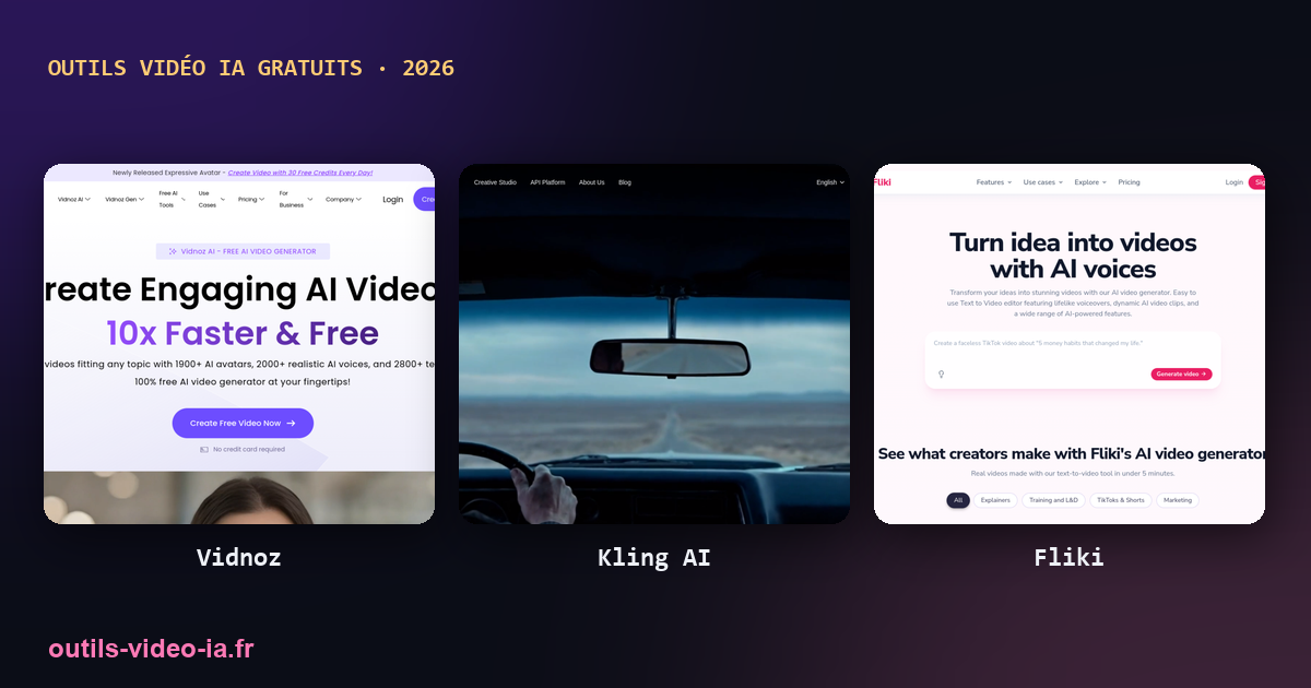 Pages d’accueil de Vidnoz, Kling et Fliki, outils vidéo IA gratuits
