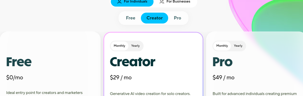 Grille tarifaire de HeyGen : Free, Creator 29 $/mois, Pro 49 $/mois