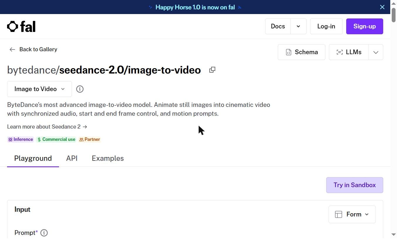Page Seedance sur fal.ai — modèle text-to-video officiel ByteDance accessible en pay-per-use